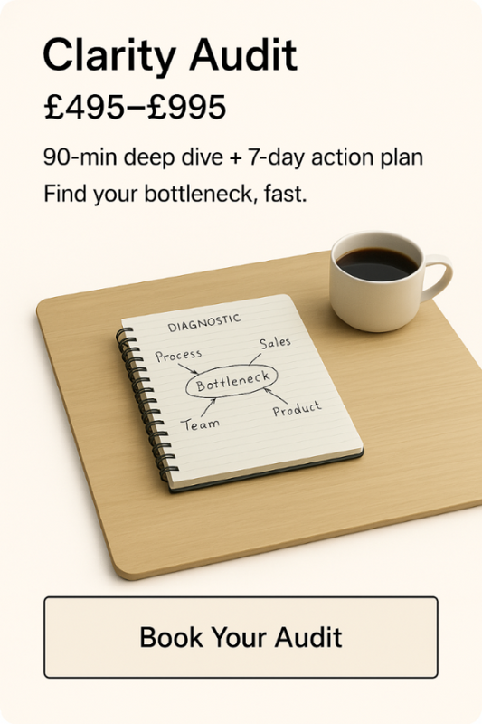 Notebook with a diagram on a wooden desk next to a coffee cup, with text about a Clarity Audit service.